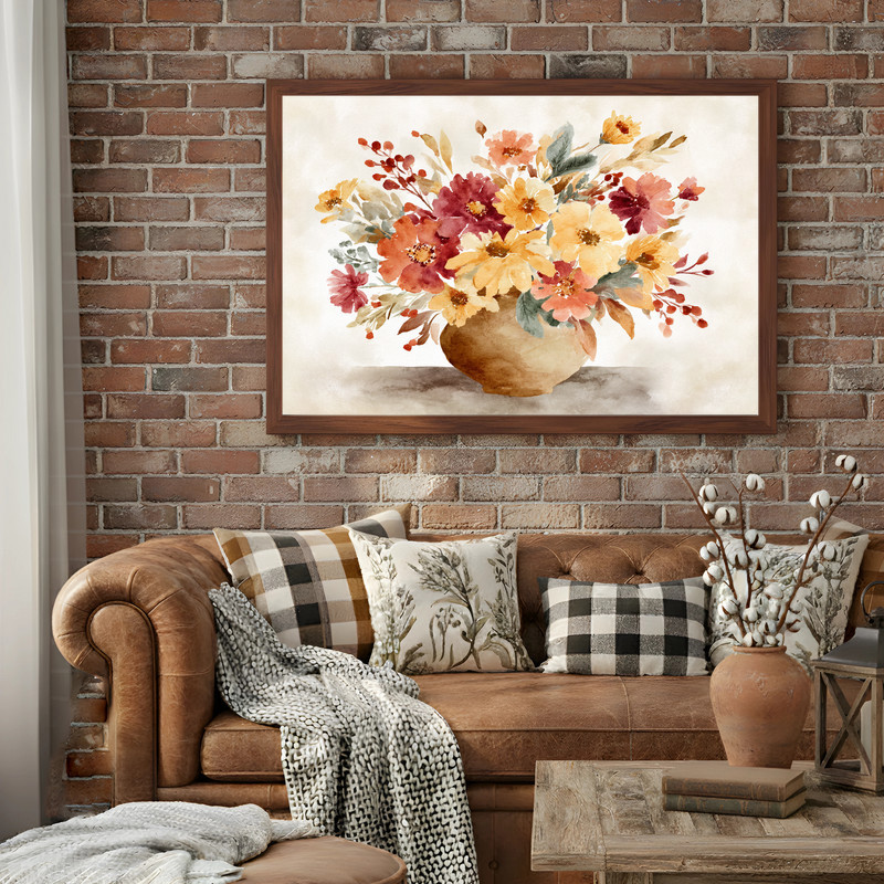Cozy fall florals canvas wall art, soft watercolor wildflowers for dorm decor in terracotta, burnt orange, and cream