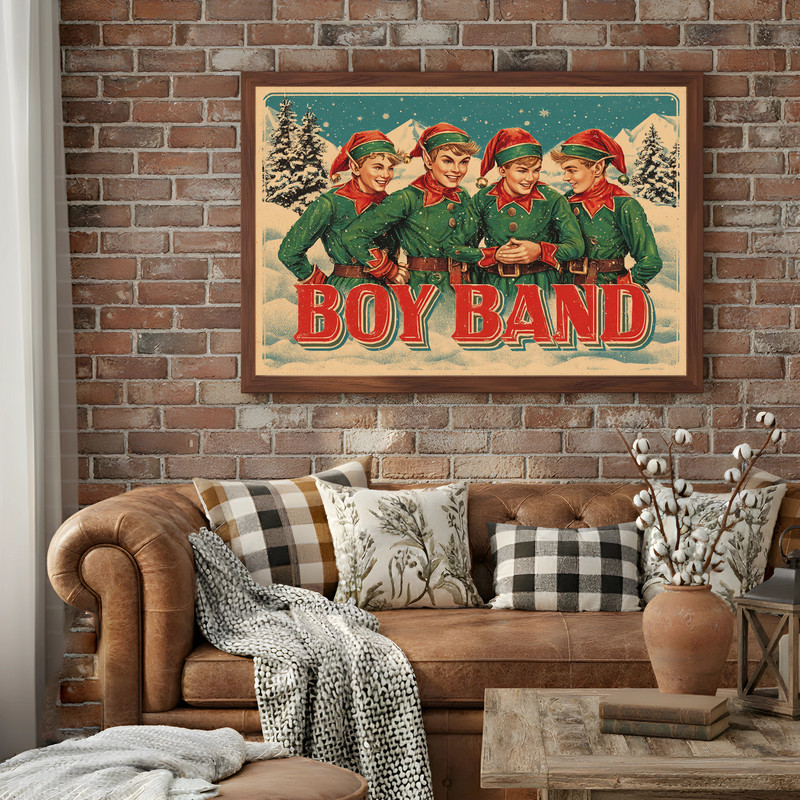 Elf boyband Christmas canvas wall art, retro rustic style print for dorm walls, whimsical holiday decor with vintage charm