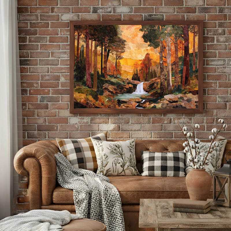 Cozy autumn falling leaves waterfall canvas wall art with golden foliage and misty cascade, perfect for dorm walls