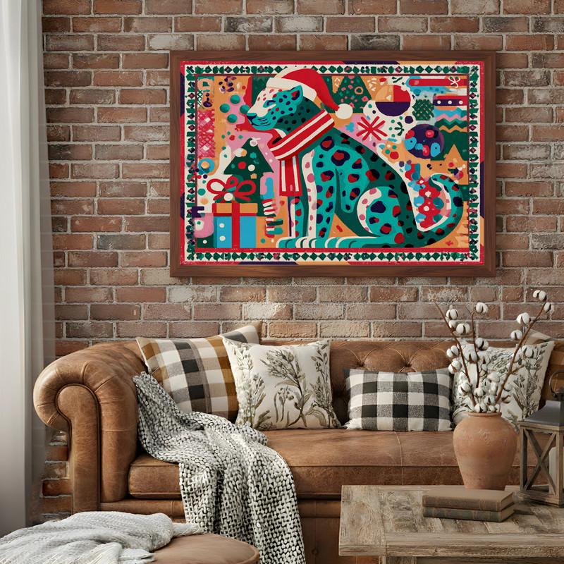 Christmas leopard canvas wall art, portrait orientation for dorm room walls, minimalist festive cat on neutral background