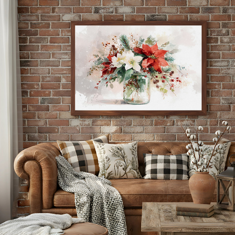 Festive vase Christmas botanical canvas wall art with evergreen stems and holly berries, landscape for modern dorm room