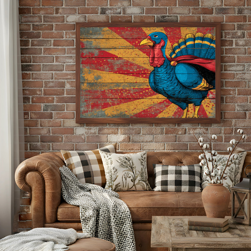 Superhero turkey canvas wall art, rustic portrait print with bold ink lines and vintage palette for farmhouse dining decor Superhero turkey canvas wall art, rustic portrait print with bold ink lines and vintage palette for farmhouse dining decor