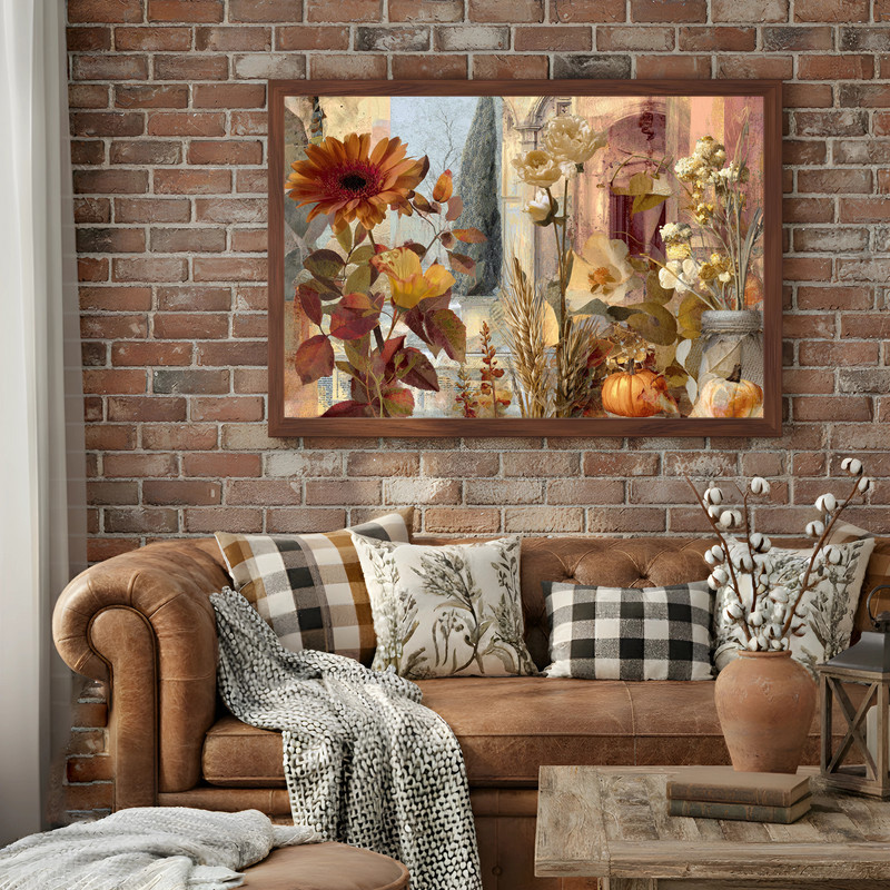 Grateful Garden canvas wall art in mixed media, Thanksgiving collage of autumn florals in muted pastels, for dorm room decor