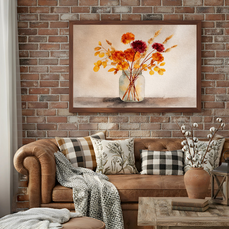 Rustic fall floral canvas wall art with wildflower bouquet in earthy tones on beige background, boho touch for dorm decor