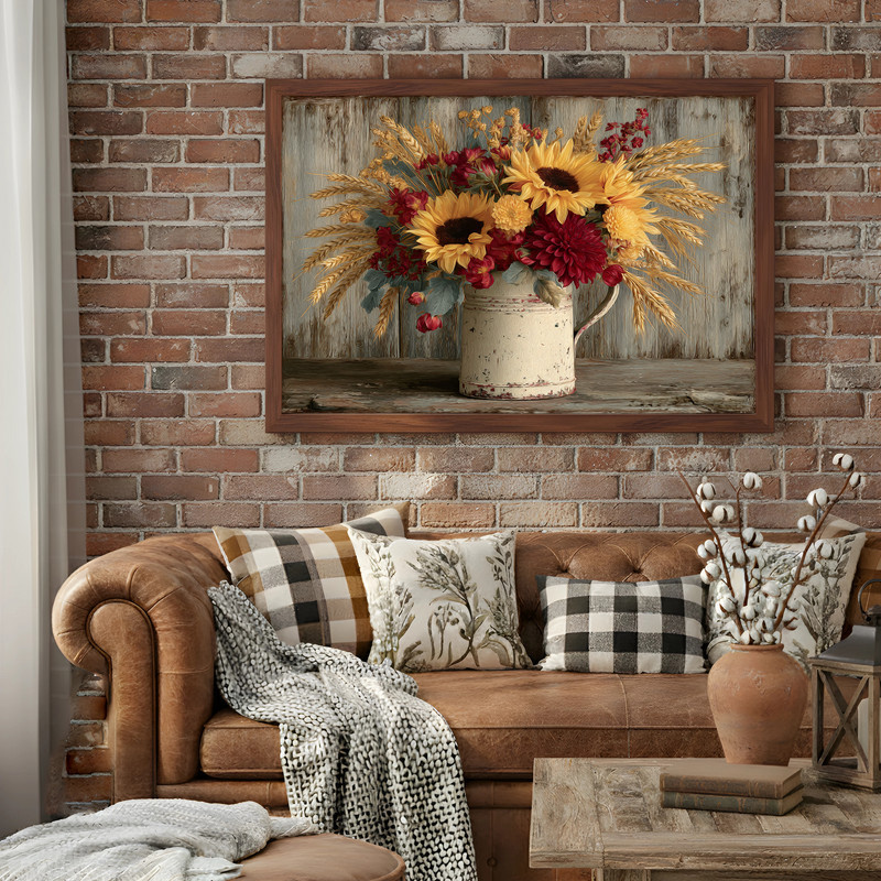 Harvest floral arrangement canvas wall art with earthy fall blooms, adding dorm room decor in a soft neutral palette.