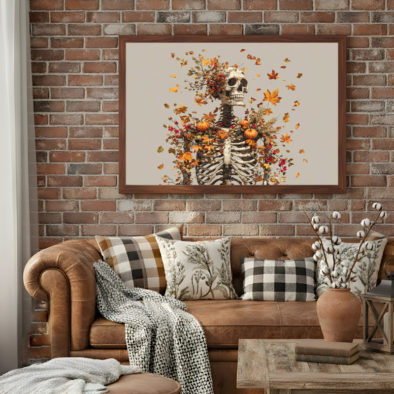 Thanksgiving skeleton canvas wall art, Harvested Soul design, haunting fall decor accent for a stylish college dorm room