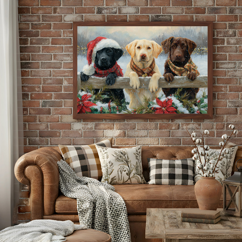 Christmas Labrador canvas wall art showcasing a playful pup in a cheerful holiday scene, ideal dorm room accent for winter