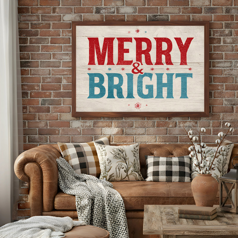 Merry & Bright Christmas canvas wall art in modern rustic style, subtle plaid accents, portrait for dorm holiday decor