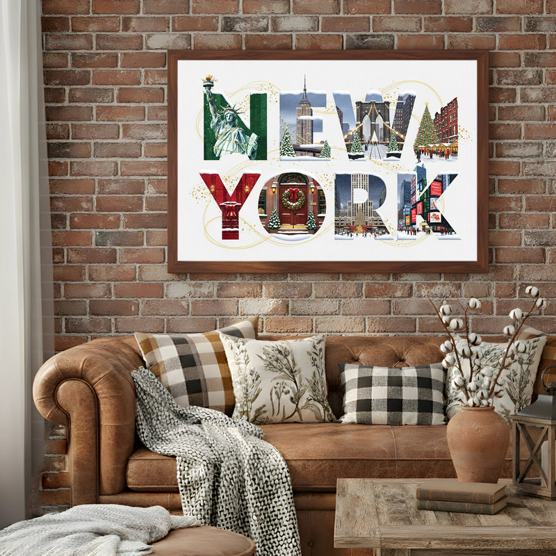 New York festive Christmas canvas wall art in minimalist design, skyline silhouette with gold accents, ideal for dorm walls