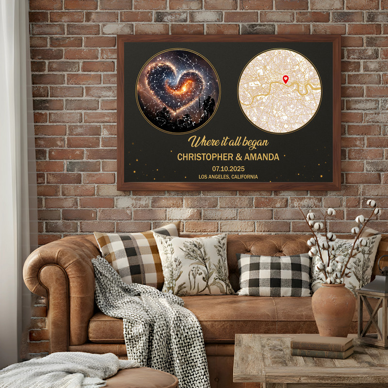Custom star map and street map canvas wall art, 'Where It All Began' portrait, navy night sky, names, date, location