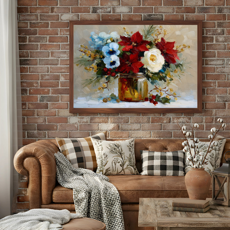 Poinsettia Dreams canvas wall art shows festive red poinsettias arranged in a jar, warm Christmas vibe for dorm walls