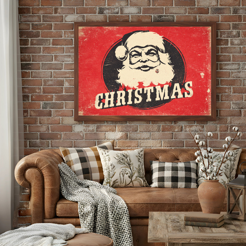 Retro Santa face Christmas canvas wall art, funky pop art style ideal for a dorm room wall, cheerful vintage holiday look