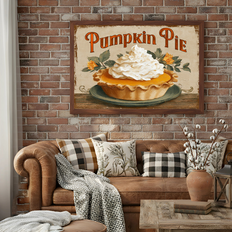 Retro Thanksgiving pumpkin pie canvas wall art, vintage diner style typography, landscape layout for cozy dorm walls