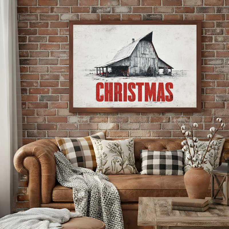 Rustic Barn Christmas canvas wall art for dorm room, snowy red barn at dusk with warm window glow and starry winter sky