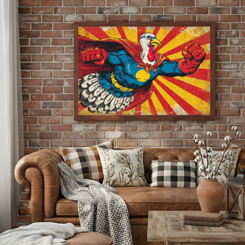 Superhero turkey Thanksgiving canvas wall art with blue cape, comic halftone dots and rustic texture, landscape, dorm decor