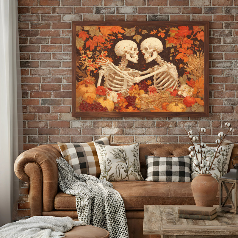 Romantic autumn canvas wall art in landscape, amber and rust foliage swirling, calming dorm room accent for study spaces