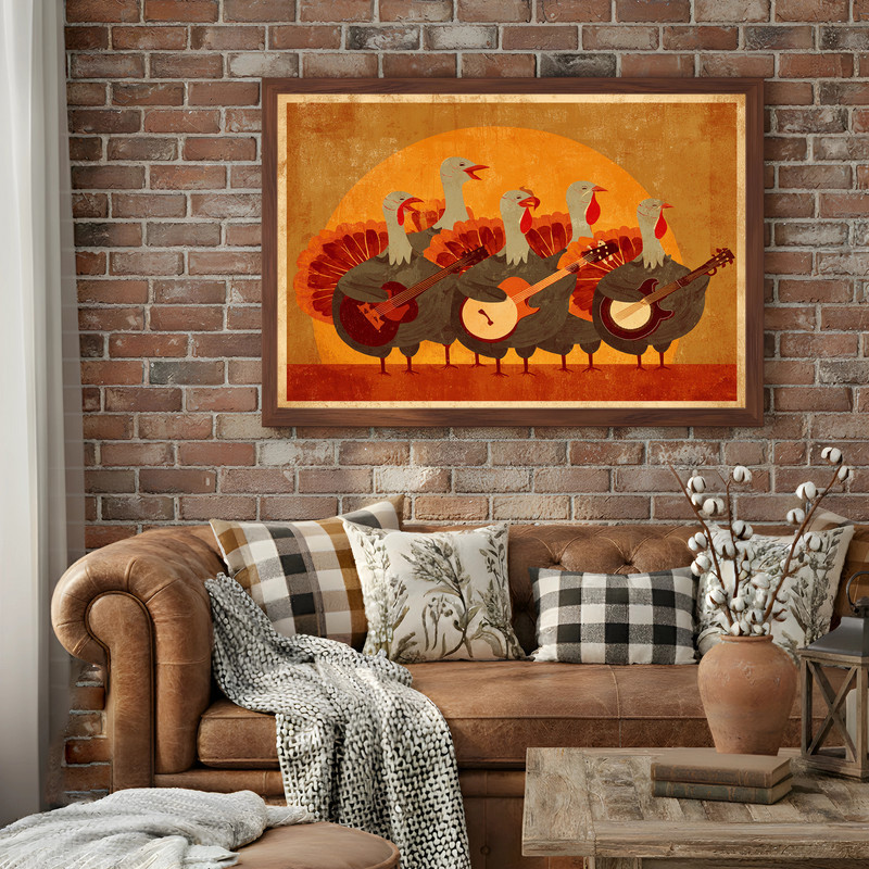 Thanksgiving retro turkey band canvas wall art, portrait print in muted earth tones and pop-culture vibe for dorm room walls. Thanksgiving retro turkey band canvas wall art, portrait print in muted earth tones and pop-culture vibe for dorm room walls.