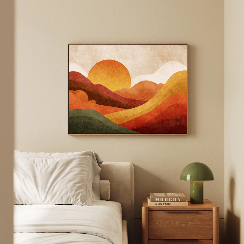 Autumn glow Thanksgiving sunset canvas wall art, minimalist gradient in muted gold and rust for dorm room, vertical portrait