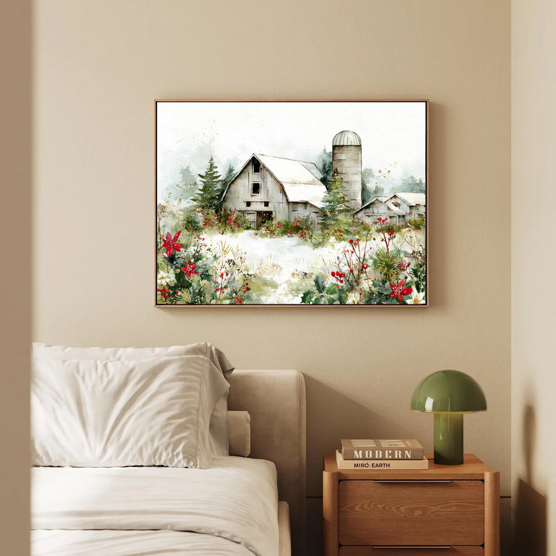 Christmas homestead canvas wall art in watercolor, rustic snowy house and fir trees, cozy dorm room winter decor accent