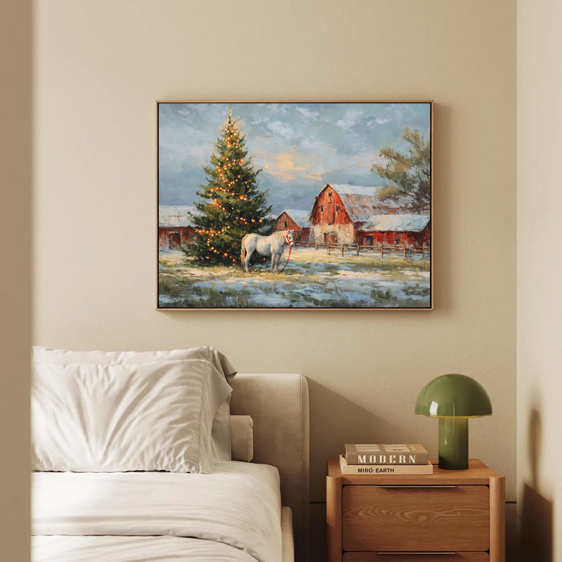 Cozy Christmas countryside canvas wall art showing a quiet village lane, chimney smoke, and gentle snowfall for cheerful dorm decor
