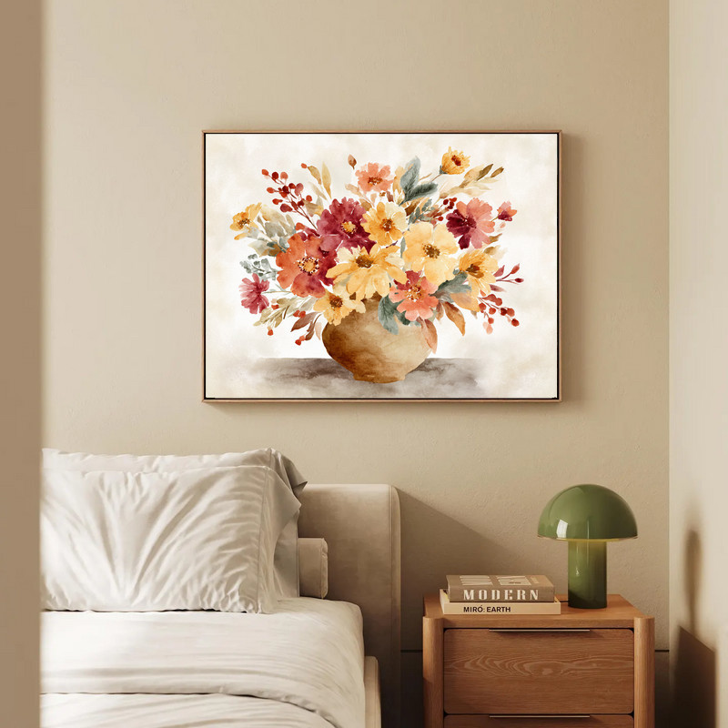 Cozy fall florals canvas wall art, watercolor autumn blooms for dorm room gallery walls in warm, earthy neutrals