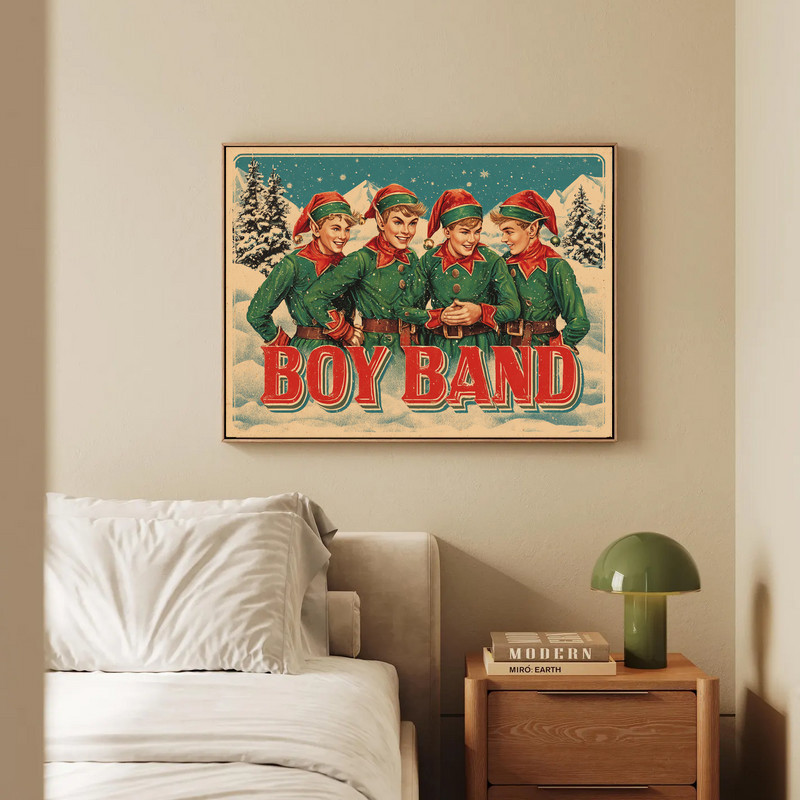 Elf boyband Christmas canvas wall art in retro rustic palette, seasonal print to brighten dorm walls with vintage flair