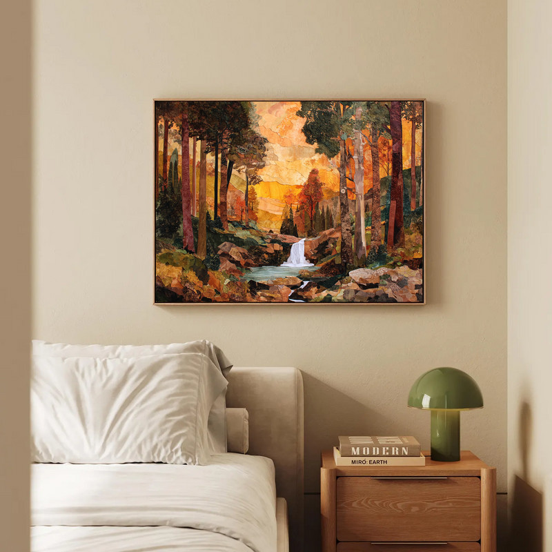 Cozy autumn falling leaves waterfall canvas wall art, vertical landscape in rust orange tones for dorm study corners