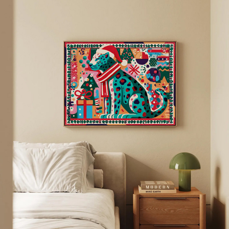 Christmas leopard canvas wall art, square format for dorm room, pop art style with bright neon accents and holiday mood