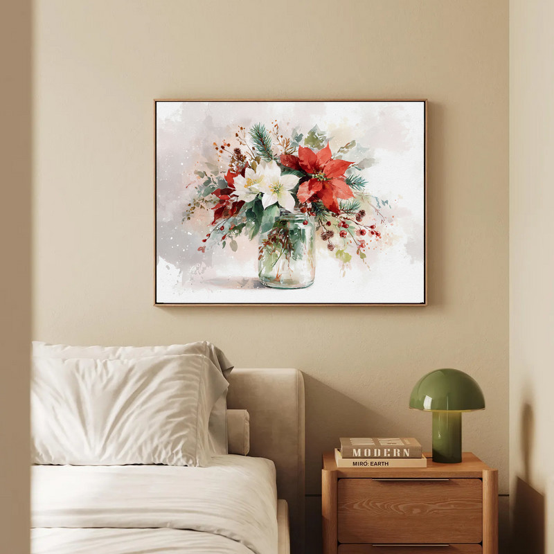 Festive vase Christmas botanical canvas wall art on beige backdrop, lines and berries, gallery-wrapped canvas for dorm decor