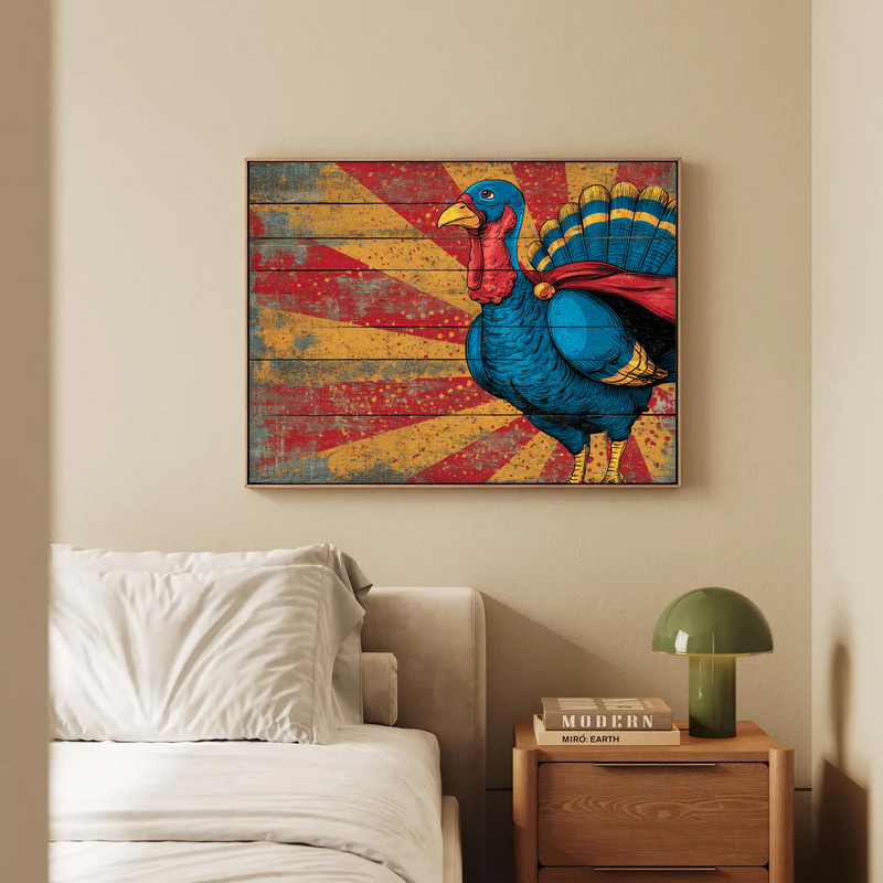 Superhero turkey canvas wall art, gallery-wrapped rustic comic print in earth tones with weathered grain for farmhouse walls Superhero turkey canvas wall art, gallery-wrapped rustic comic print in earth tones with weathered grain for farmhouse walls