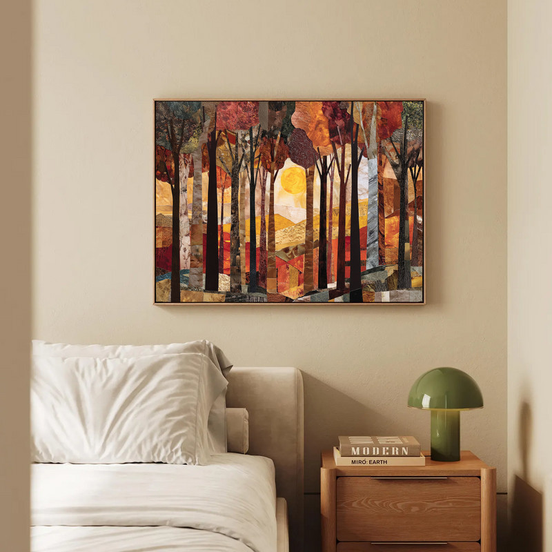 Golden harvest woods canvas wall art with a winding forest path and golden treetops, panorama ideal for dorm room walls