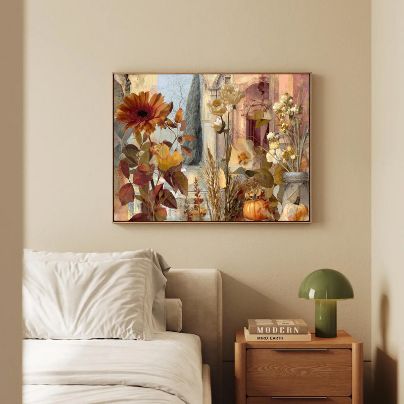 Grateful Garden canvas wall art, mixed-media Thanksgiving garden motifs on neutral backdrop, landscape layout for dorm decor