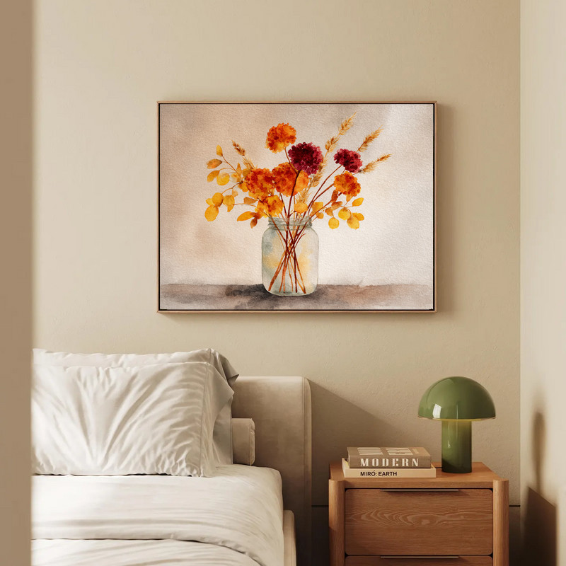 Rustic fall floral canvas wall art showcasing dried botanicals and grasses, farmhouse style accent for dorm room walls