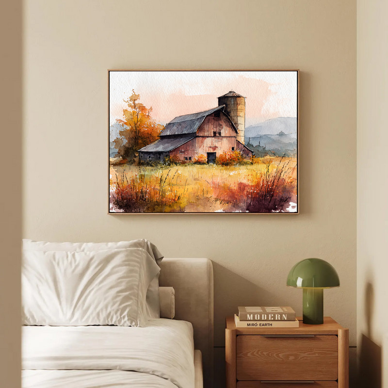 Harvest barn canvas wall art with warm fall flowers and countryside path, a calming accent for minimalist dorm room decor Harvest barn canvas wall art with warm fall flowers and countryside path, a calming accent for minimalist dorm room decor