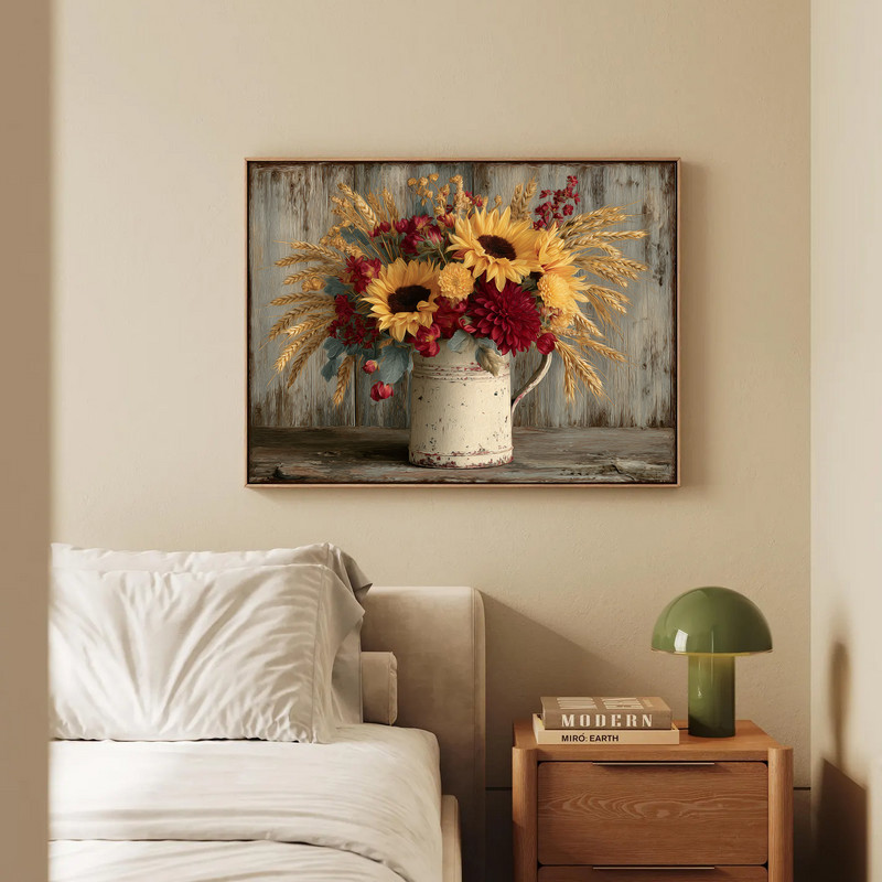 Harvest floral arrangement canvas wall art on textured canvas, bringing warm fall color and calm ambiance to dorm room decor.