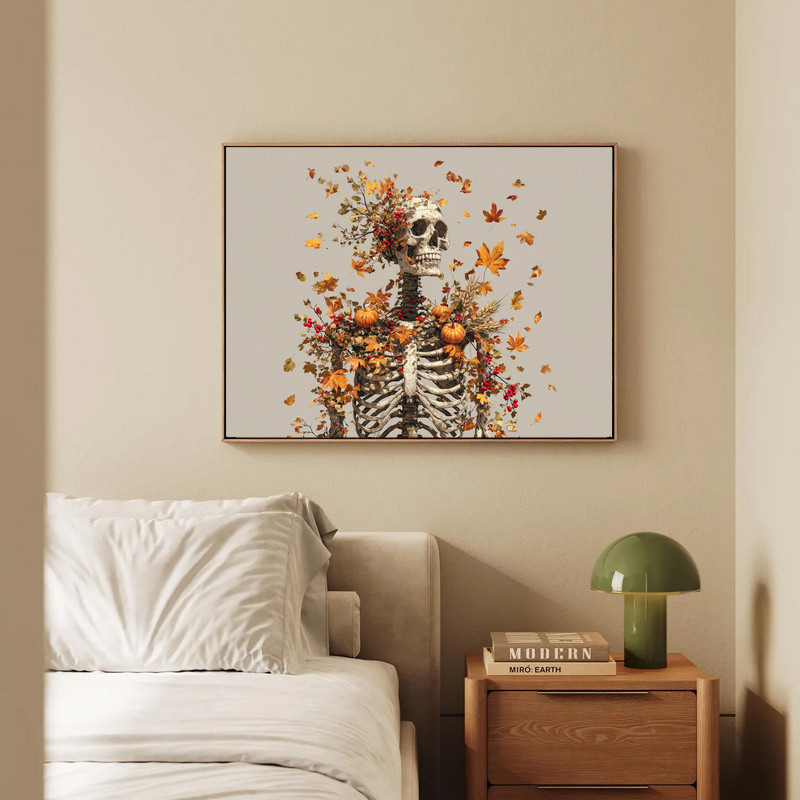 Thanksgiving skeleton canvas wall art for dorm room decor, spooky autumn motif for fans of eerie yet festive fall style