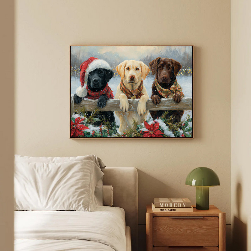 Christmas Labrador canvas wall art, festive dog-themed wall decor that adds seasonal charm to small dorm spaces