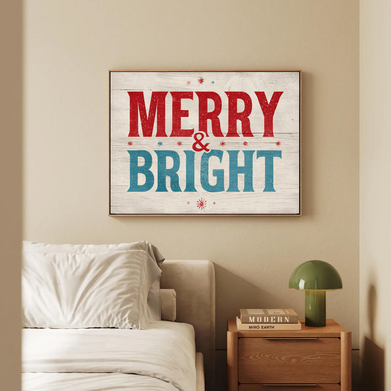 Merry & Bright Christmas canvas wall art, white typography on dark backdrop with snowflakes, modern rustic style for dorms