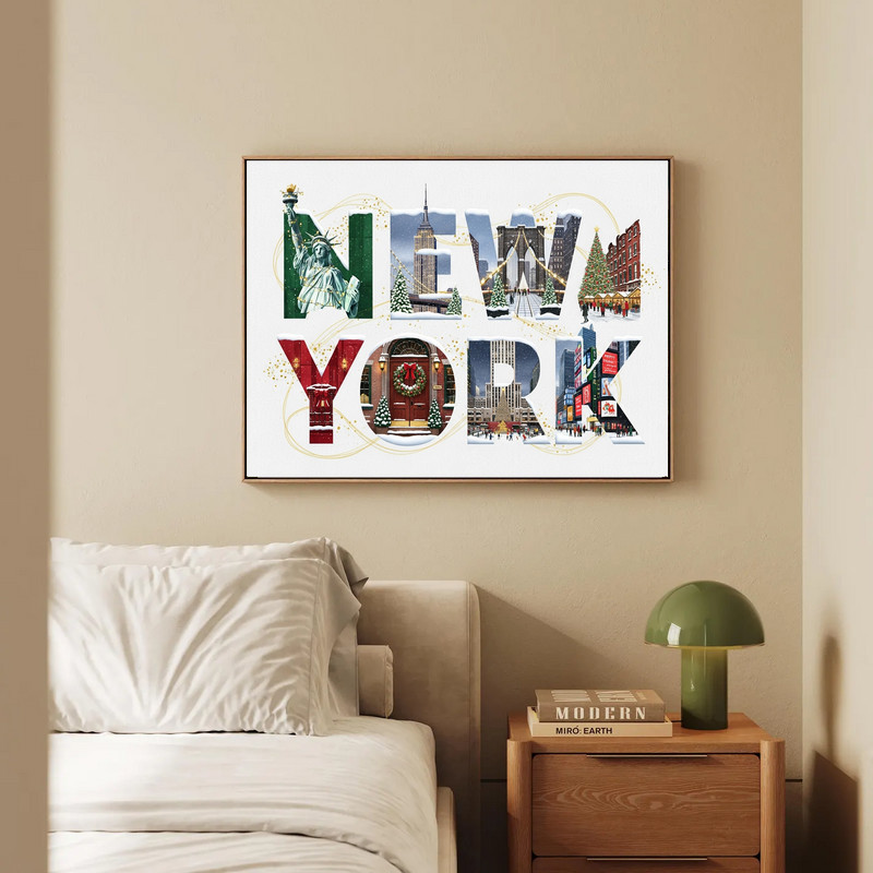 New York festive Christmas canvas wall art with vintage postcard vibe, warm red and green palette to brighten a student dorm