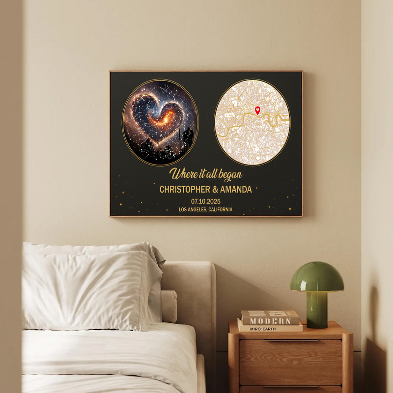 Where It All Began canvas wall art with custom star and street maps, personalized names, date, location — anniversary gift
