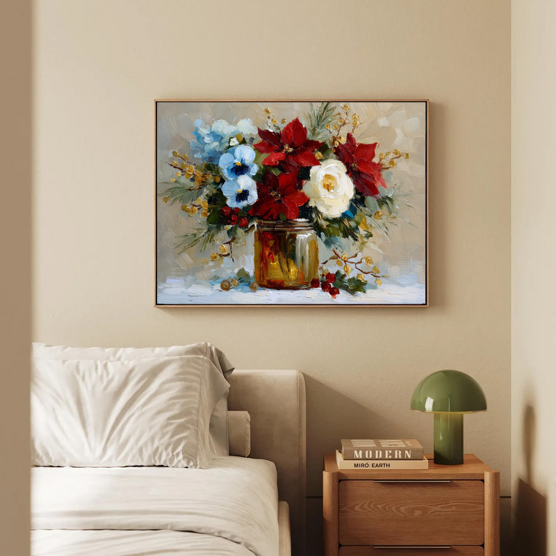 Poinsettia Christmas canvas wall art depicts red blooms in a glass jar, rustic cozy vibe suited to small dorm spaces