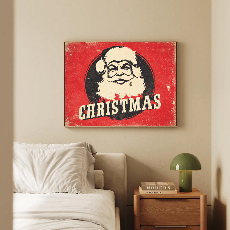 Retro Santa face Christmas canvas wall art, quirky dorm room accent with mid-century vibe and merry red-and-white palette