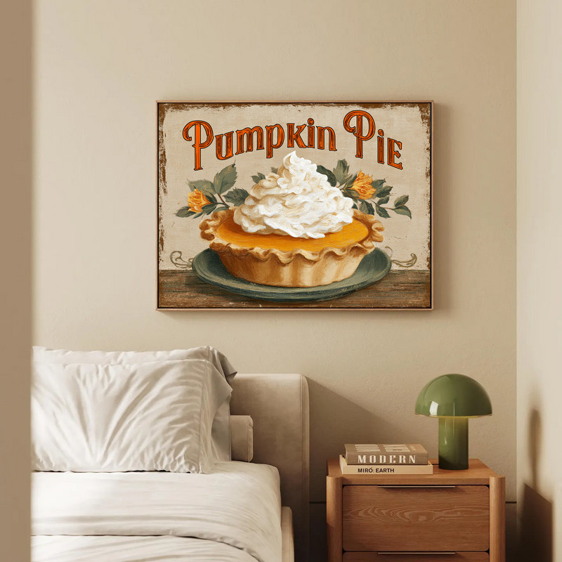 Retro Thanksgiving pumpkin pie canvas wall art, mid-century cartoon slice on cream background, square format for small spaces