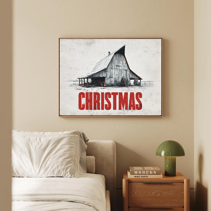 Rustic Barn Christmas canvas wall art for dorm room, barn door closeup with evergreen wreath and garland, cozy farmhouse look