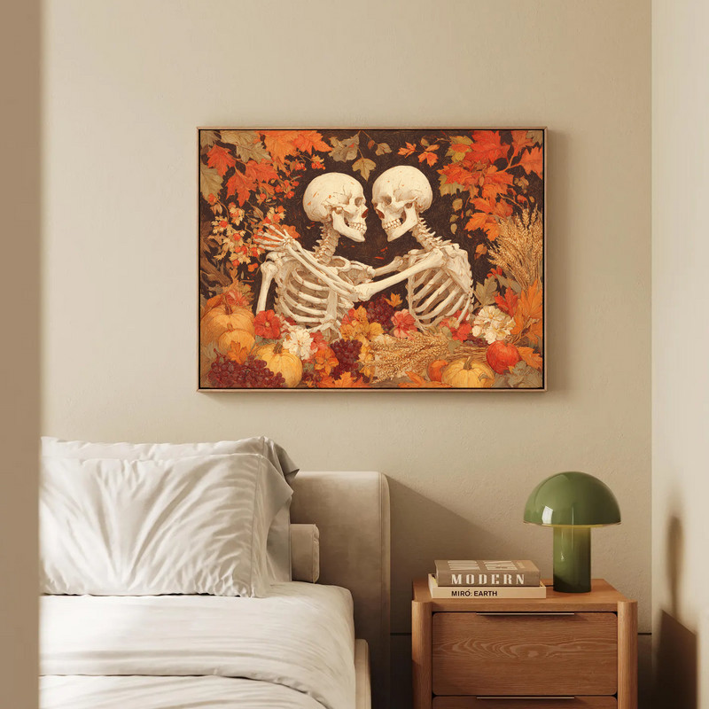 Romantic autumn canvas wall art, watercolor feel with falling leaves and path, inviting dorm room centerpiece above the bed