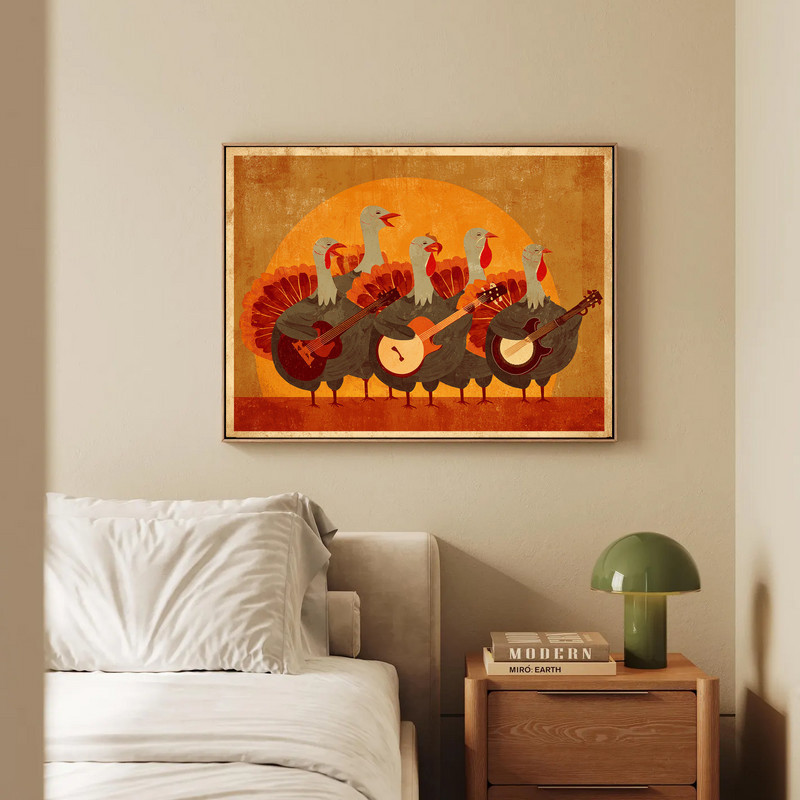 Thanksgiving retro turkey band canvas wall art, distressed sepia look with acoustic instruments, for dorm lounge decor. Thanksgiving retro turkey band canvas wall art, distressed sepia look with acoustic instruments, for dorm lounge decor.