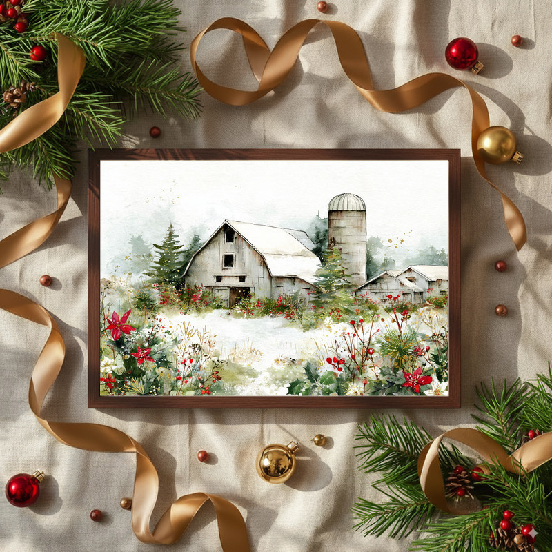 Festive watercolor Christmas homestead canvas wall art, snow-laden path to farmhouse, warm glow, perfect for dorm decor