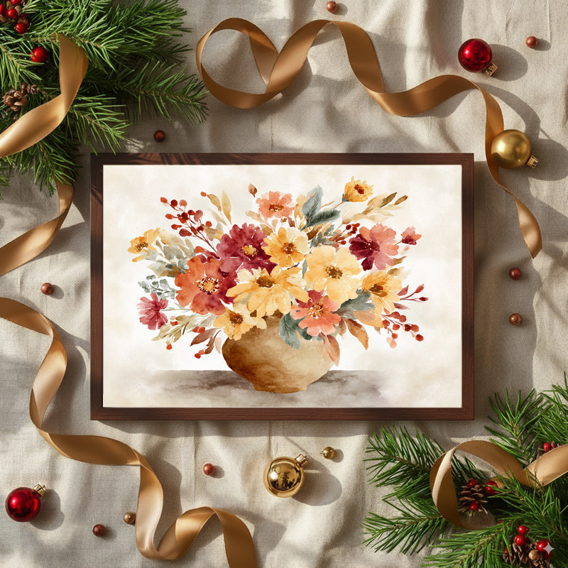 Cozy fall florals canvas wall art, muted watercolor flowers for cozy dorm decor with soft rust, olive, and golden tones