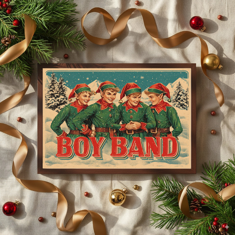 Elf boyband Christmas canvas wall art, vintage rustic holiday poster look, dorm decoration with humorous festive band vibe