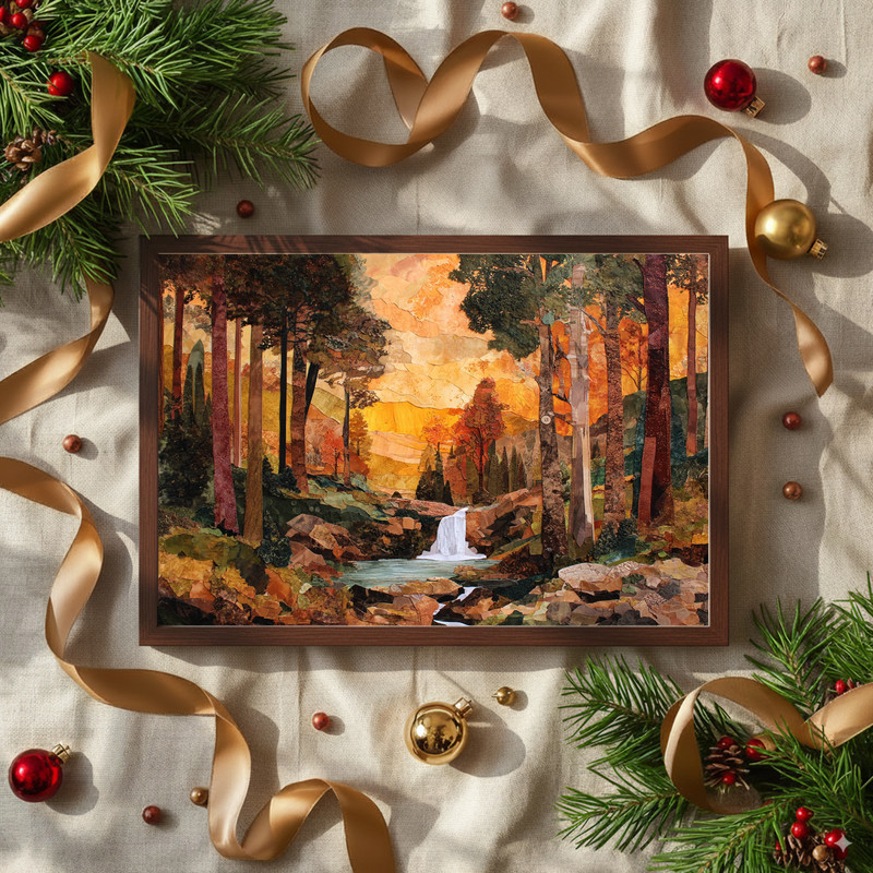 Cozy autumn falling leaves waterfall canvas wall art in muted maple hues, calm cascade accent for minimalist dorm decor